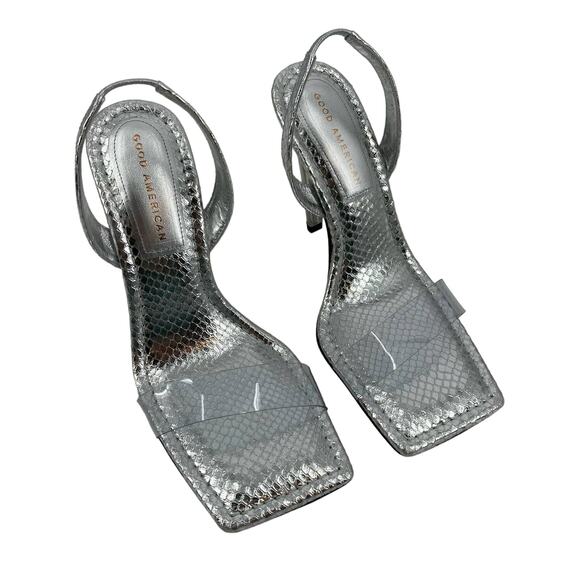 Good American Open Square Toe Heels Silver Snake Size 10 GA120L-X - Picture 1 of 6